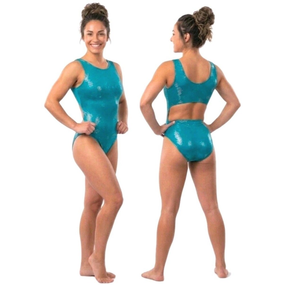 GK Elite VTG Shimmery Foiled Flowers Rear Cutout Open Back Teal Tank Leotard AL